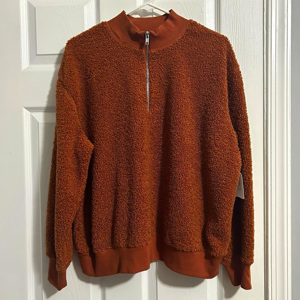 Time and Tru Women's Brown Sherpa Fleece 1/4 Zip Mock Neck Sweatshirt L